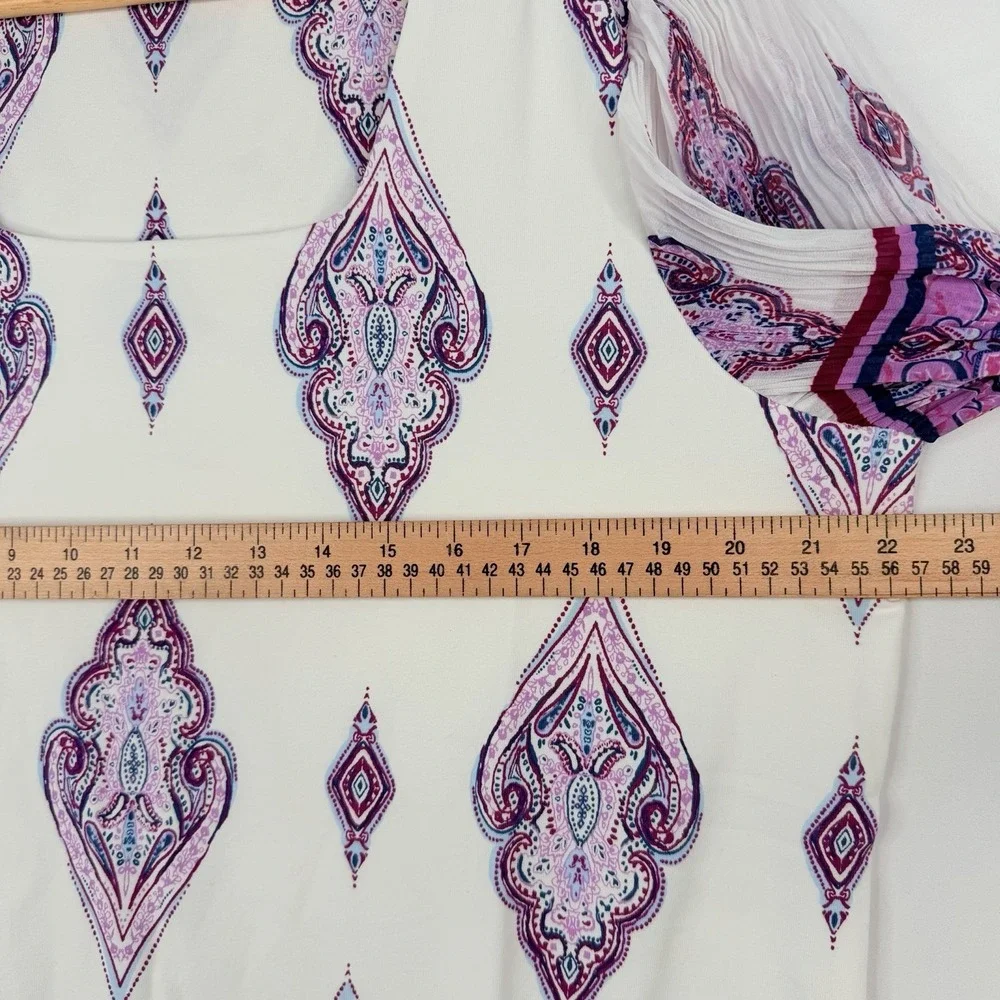 Chico's Knit Square Neck White Purple Paisley Chiffon Flutter Sleeve Top SZ-3-XL